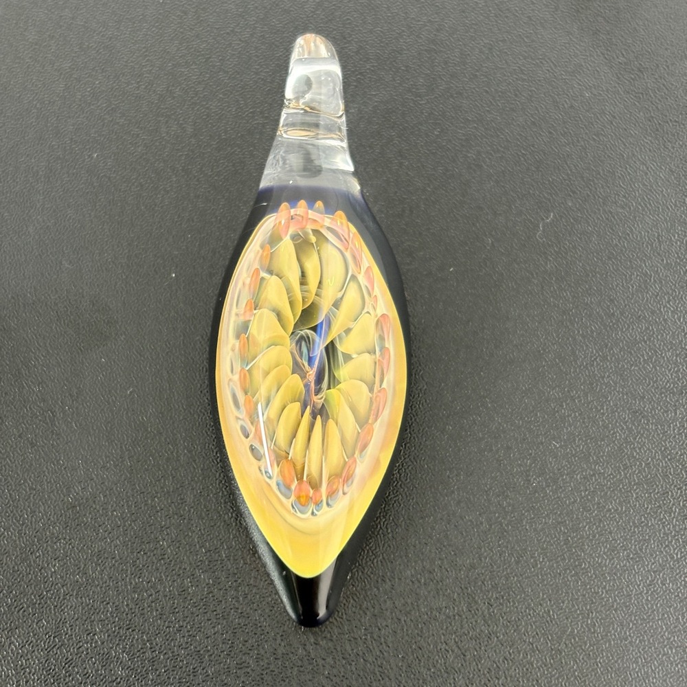 Glass Implosion Pendant OS Yellow Blue Fumed Honeycomb Art Glass Jewelry Art